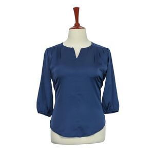 Womens Silky Blouse Blue 3/4 Sleeve V-Neck Summer Casual Relaxed Loose Top Large